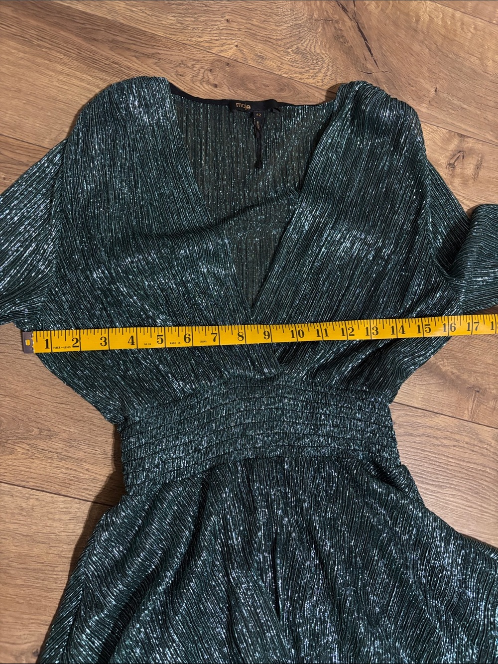 Maje Ruffine Stretch Lurex Metallic Green Ruffle Midi Dress Size 42 - Picture 9 of 14